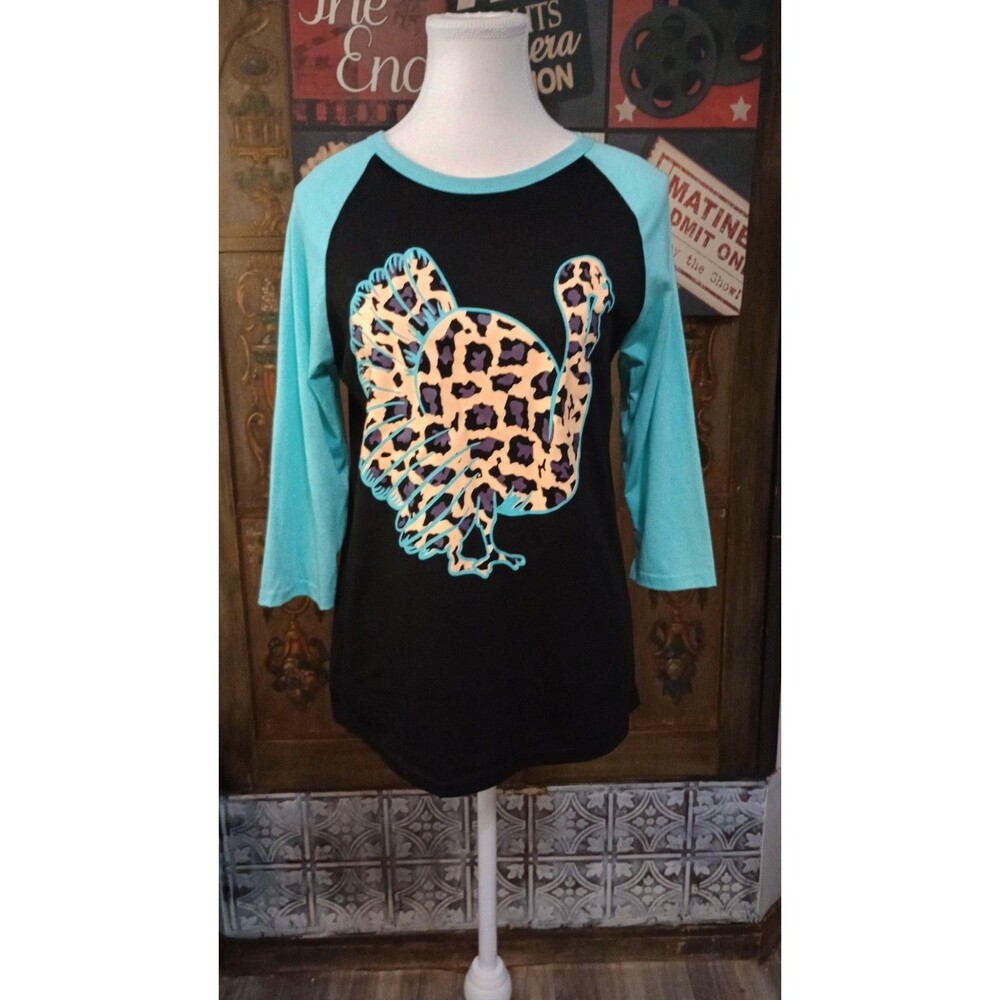 Women's Black Blue Raglan 3/4 Sleeve Crew Neck Turkey Leopard Print T-Shirt Sz S